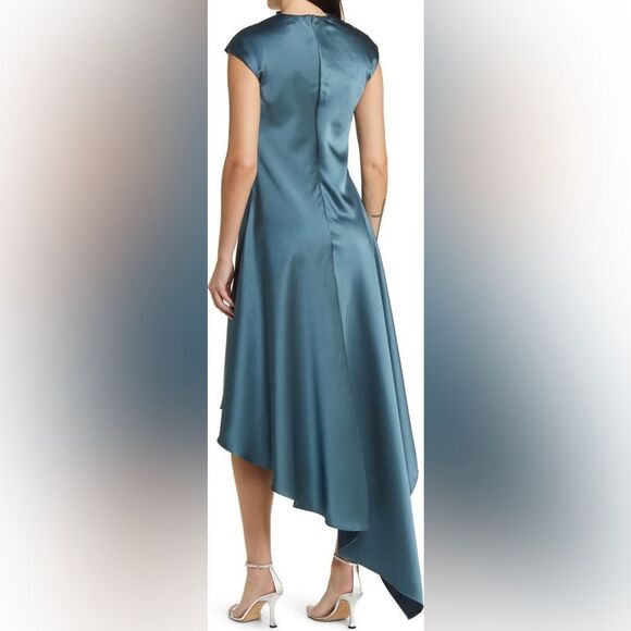 Amsale NWT Draped Satin Asymmetric Cocktail Dress in Petrol Size 12 MSRP $595 - Picture 6 of 11